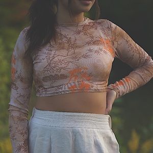 Mesh tan orange long sleeve crop top
